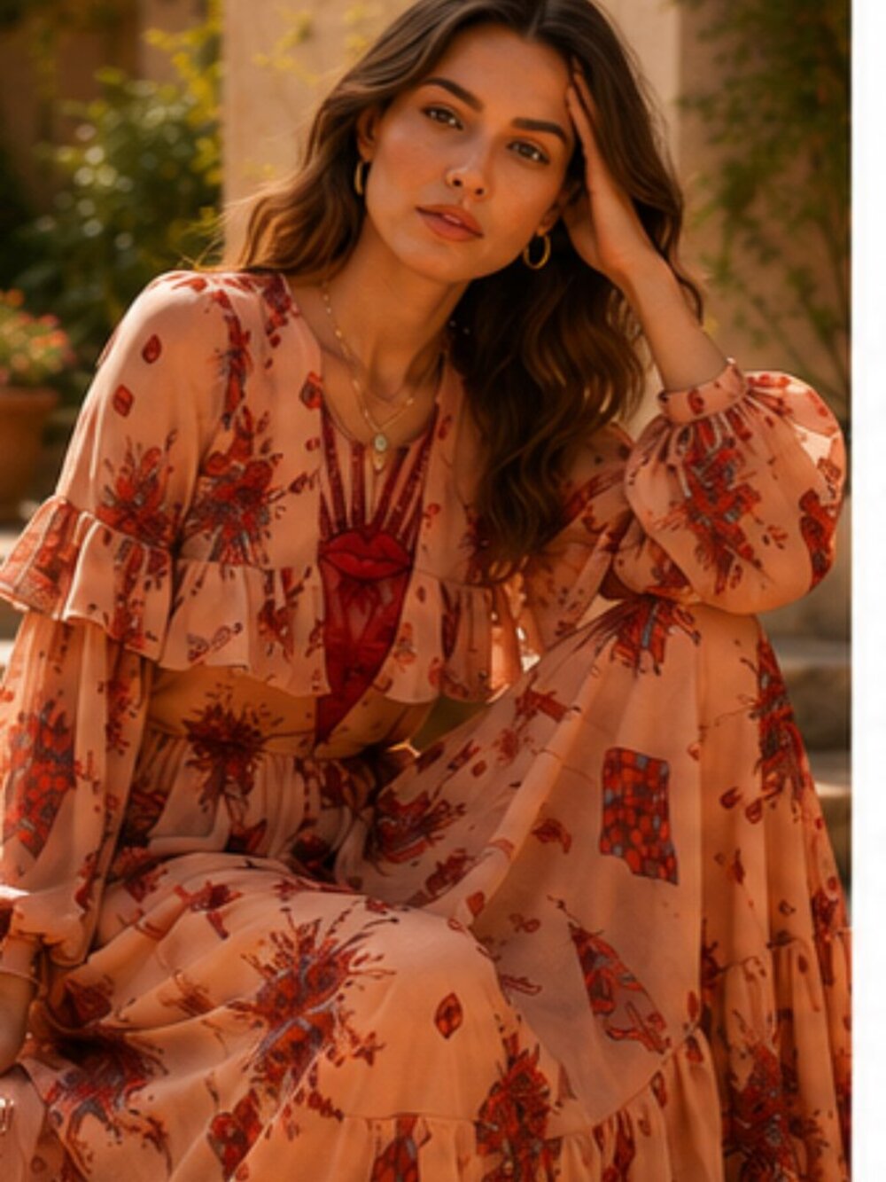 GIAMBATTISTA VALLI SS19 100% Silk Lip Print Ruffle Maxi Dress | IT 48 / US 12 - Picture 3 of 13